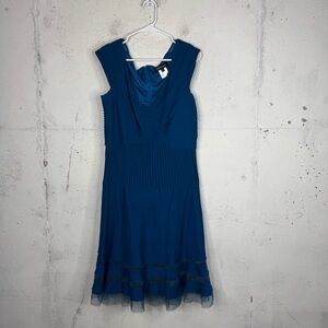 Tadashi Shoji Pintuck Jersey Portrait Cocktail Dress Pleated Ruffle Hem